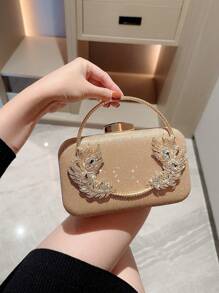 Women's Fashionable Glittering Rhinestone Box Clutch With Round Metal Bracelet Design For Evening Party, Formal Dress, Ball, Prom, Wedding, Handbag - Rose Gold - View 4