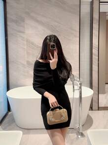 Women's Fashionable Glittering Rhinestone Box Clutch With Round Metal Bracelet Design For Evening Party, Formal Dress, Ball, Prom, Wedding, Handbag - Rose Gold - View 9