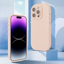 1pc Beige Simple Tpu Silicone Phone Case With A Silver-Plated Circular Button And A Phone Strap Hole, Ins Style, Compatible With IPhone - Beige - View 1