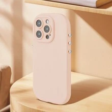 1pc Beige Simple Tpu Silicone Phone Case With A Silver-Plated Circular Button And A Phone Strap Hole, Ins Style, Compatible With IPhone - Beige - View 6