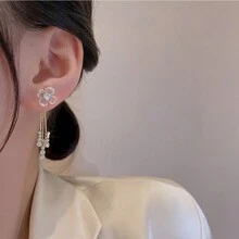 S925 Silver Post Valentine's Day Gift New Arrival Exquisite Long Flower Shape Tassel & Rhinestone Decor Drop Earrings For Women - Acrylic Flower Tassel - View 3