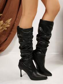 Women's Fashionable Versatile Pleated Surface Pointed Toe Thin Heel Knee-High Boots - Black - View 4