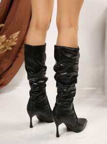 Women's Fashionable Versatile Pleated Surface Pointed Toe Thin Heel Knee-High Boots - Black - View 7