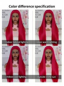 13*4超柔軟熱粉色合成纖維蕾絲前套假髮,時尚平滑長直蕾絲前套假髮,24英寸自然髮線預植 - 紅色 - 查看 7