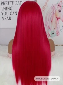 13*4超柔軟熱粉色合成纖維蕾絲前套假髮,時尚平滑長直蕾絲前套假髮,24英寸自然髮線預植 - 紅色 - 查看 4