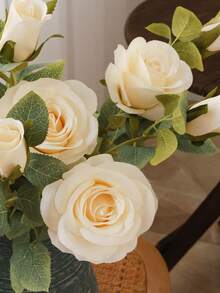 1pc 2-Head Artificial Autumn Rose Flower Stem, 66cm/26in, Ideal For Home Desk Decoration, Wedding & Valentine's Day Gift - White - View 3