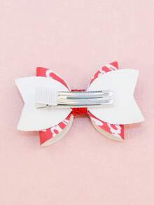 1入組女孩髮飾,紅色主題獨特印花設計,配有心形字母裝飾,3英吋洋蔥粉閃粉蝴蝶結髮夾,適用於假日/日常使用 - 紅色 - 查看 3