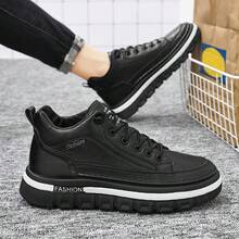 男士高帮运动鞋时尚纯色防滑耐磨厚底增高春秋季 - 黑色 - 查看 5
