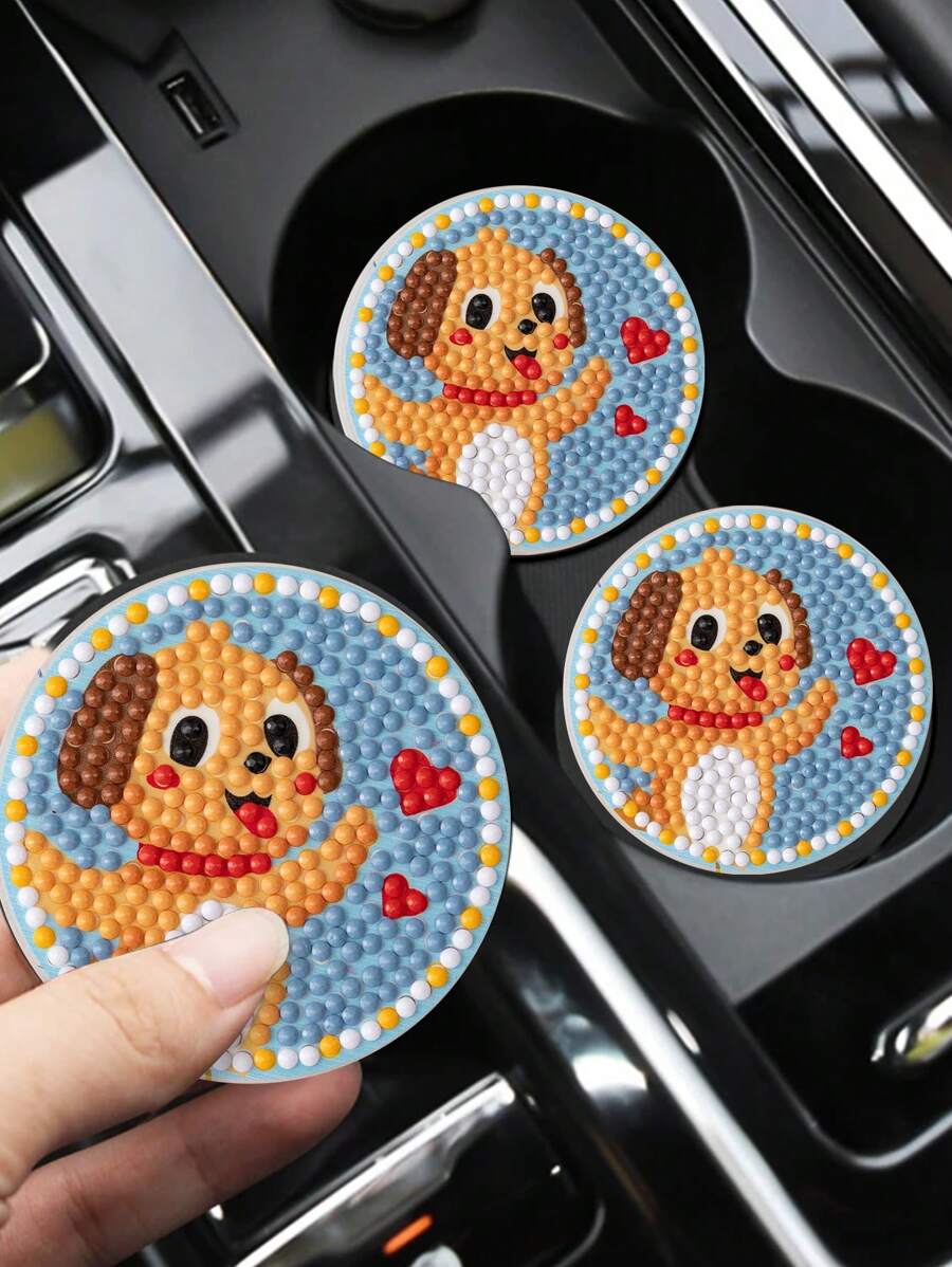 2 件裝鑽石畫汽車杯墊帶可愛狗狗設計 Diy 套件,防滑汽車飲料杯墊 2.72 英寸適合汽車內飾裝飾,送給家人和朋友的節日和生日禮物 - 彩色 - 查看 1