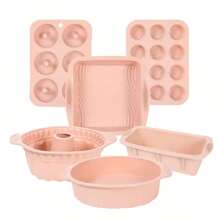 6pcs/Set Silicone Baking Tools For Kitchen, Including Non-Stick Silicone Baking Pan, Silicone Cake Mold, Baking Tray, Doughnut Tray, Silicone Muffin Pan, Cake Pan - Pink - View 1