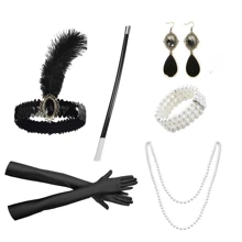 1組6件婦女1920年代復古頭飾、珍珠項鍊、3層珍珠手鍊、流蘇耳環、手套和香煙盒派對服飾配件套裝 - 彩色 - 查看 1