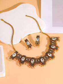 1 件時尚復古民族風格女式串珠吊飾項鍊 + 1 對女式復古串珠吊墜耳環 - 白色 - 查看 3