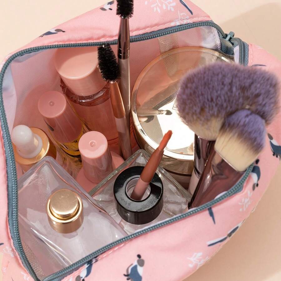 Bird Pattern Makeup Bag Portable Cosmetic Storage Bag For Women Girl Home Travel Toiletry Beauty Case Pink - Pink - View 1