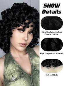 女士短卷发假发 柔软黑色大卷发假发 带刘海 非洲卷发 耐热合成假发（黑色） - 黑色 - 查看 6