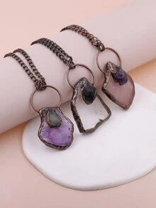 KEJIALAI 透明石英柱狀吊墜項鍊,焊接古銅色天然石英柱項鍊,鍍銅紅綠水晶點綴 - 紫晶 - 查看 1