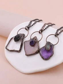 KEJIALAI 透明石英柱狀吊墜項鍊,焊接古銅色天然石英柱項鍊,鍍銅紅綠水晶點綴 - 紫晶 - 查看 3