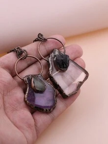 KEJIALAI 透明石英柱狀吊墜項鍊,焊接古銅色天然石英柱項鍊,鍍銅紅綠水晶點綴 - 紫晶 - 查看 7