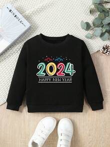 小男孩 2024 新年快樂印花運動休閒圓領運動衫,秋冬 - 黑色 - 查看 1