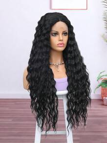 T Part Lace Front Curly Wig Black Synthetic Heat Resistant Wigs Water Deep Wave 28 Inch Daily Woman Fashion Wig - Black - View 5