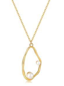 1pc Baroque Style Asymmetrical Circle Shaped Design Inlaid Pearl Pendant Necklace Suitable For Women's Daily Party Wear - Gold - View 6