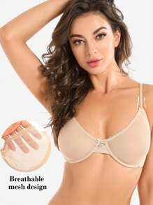 女性性感蕾絲透紗無海綿超薄文胸，舒適鋼托透明純色日常內衣 - 杏色 - 查看 4