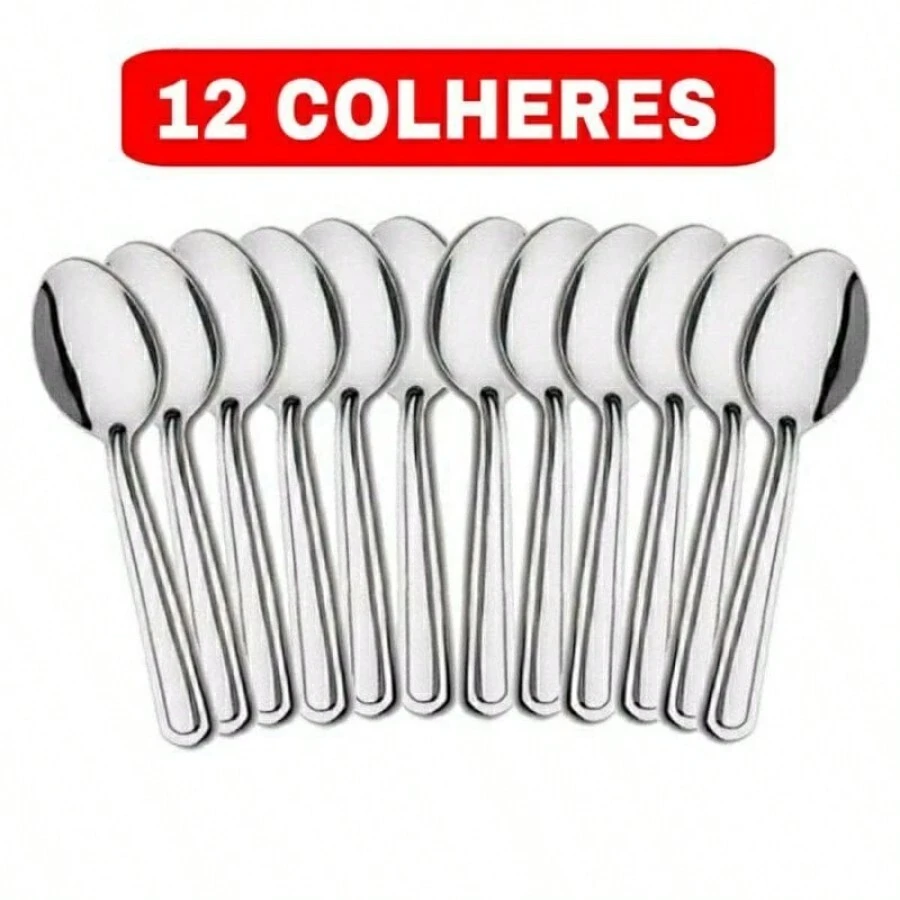 Kit C/12 Colher Talher Aço Inox Grande Luxo Sopa Bar Restaurante Buffet Faqueiro - Cinza - Visão 1