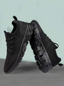 男士网眼休闲鞋轻便舒适平底鞋步行鞋跑步鞋网球运动鞋女士鞋男女通用 - 黑色 - 查看 2