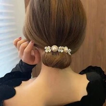 1pc Ladies' New Elegant & Retro Pearl French Twist Hair Bun Maker Hair Accessory For Daily Hair Styling - Black and White - View 7