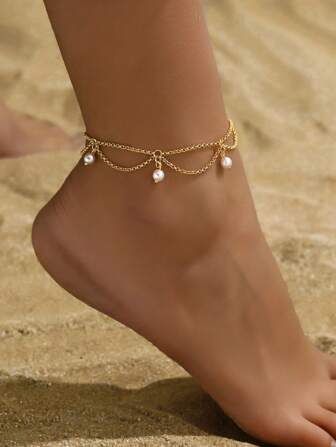 1pc Simple Bohemian Style Faux Pearl & Clover Decor Anklet For Women, Vacation/ Daily Wear/Festival/Date/Wedding Accessory Valentines,Mom,Mother,Mother's Day,Gift