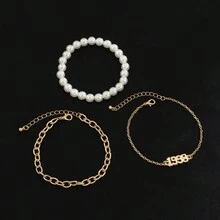 3入組簡單創意1998數字與珍珠裝飾手鐲套裝男士款,適合日常佩戴和節日禮物 - 金色 - 查看 10