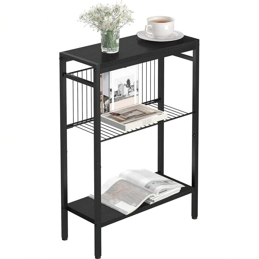 Small Narrow Side Table For Small Spaces, Slim End Table Nighstand With Metal Mesh, Accent Skiny Snack Couch Beside Table (Rustic, 3 Tier) - Black - View 1