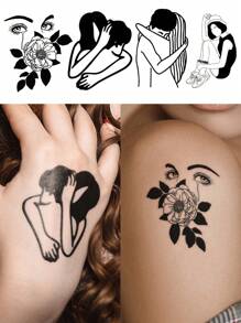 4入組黑色簡約風格情侶圖案暫時性紋身貼紙,適用於手腕及其他小部位 - 黑色 - 查看 1