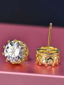 rakol 2pcs Gold Plated Round Crown Cubic Zirconia Stud Earrings For Women - Yellow Gold - View 4