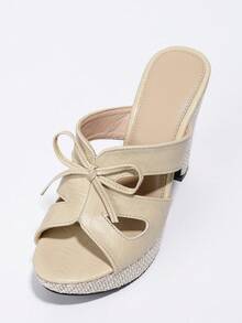 New Summer Fashionable Ultra High Heel Bow Knot Chunky Heel Waterproof Platform Slip On Women's Slippers - Apricot - View 10