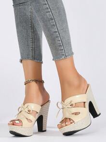 New Summer Fashionable Ultra High Heel Bow Knot Chunky Heel Waterproof Platform Slip On Women's Slippers - Apricot - View 3