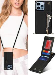 AWQUER Crossbody Wallet Back Case Compatible With Iphone 15 14 Plus 13 12 Mini 11 Pro Max 8 7 6 Plus SE 5G 2020 2022, PU Leather With Credit Card Slots Holder Kickstand Shockproof Phone Cover