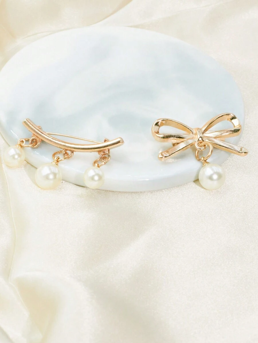2PCS Golden Color Women Bow Knot Faux Pearl Pendant Decorate Button Pin Traditional Scarf Clip For Daily Use