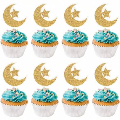 36入組閃閃發亮的月亮和星星杯子蛋糕插牌,mubarak蛋糕裝飾,閃爍的新月與星星蛋糕裝飾,適用於生日、婚禮、mubarak派對用品