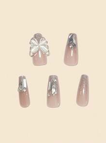 Upgrade Your Look With 24pcs Long Coffin 3D Butterfly Rhinestone Decor Full Cover Fake Nail Kit Press On Nails Nail Supplies - Multicolor - View 4