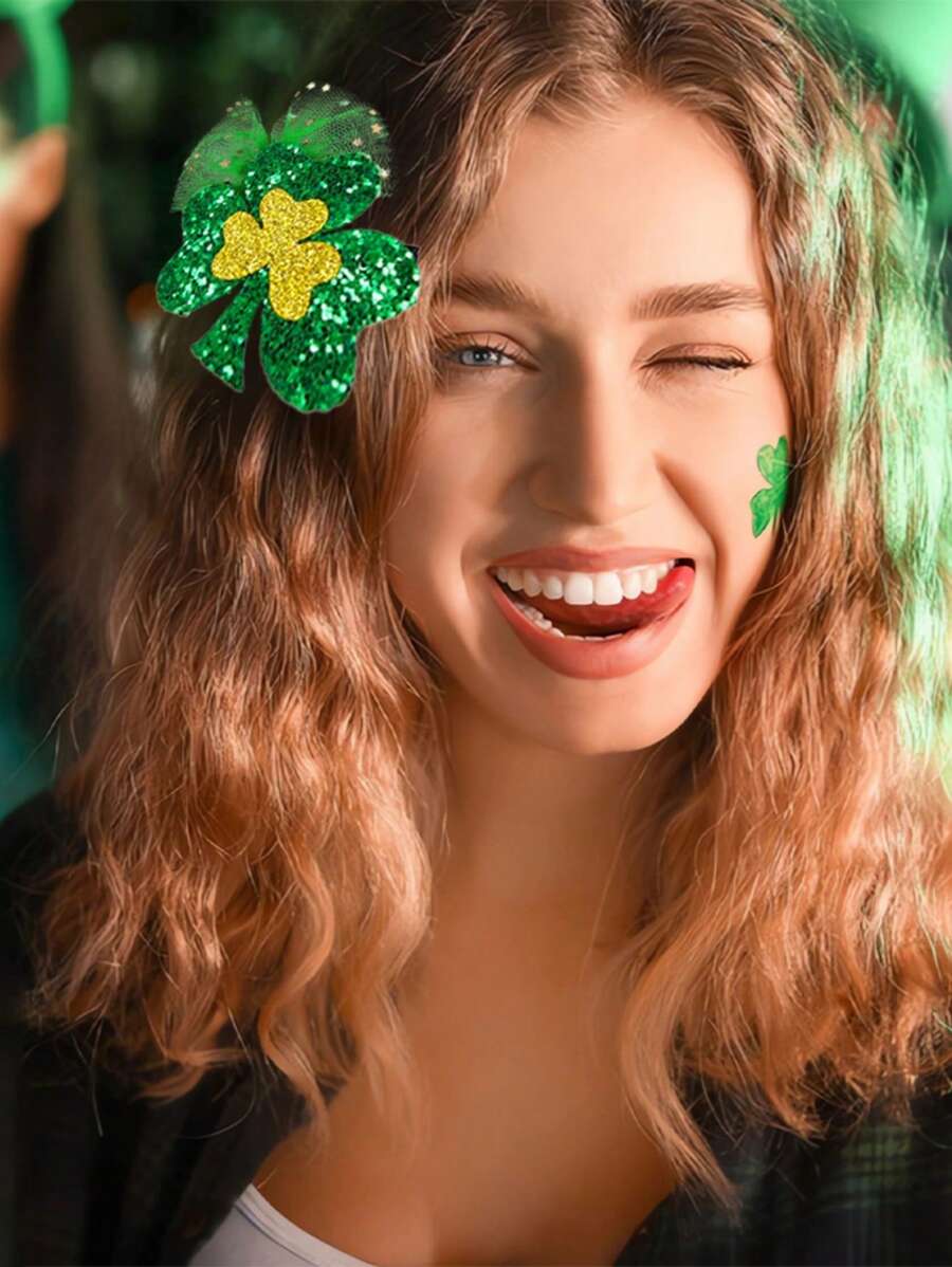 1個聖派翠克節綠色網狀髮夾/假日派對女孩化妝照道具/女友、兒童、生日禮物 - 三葉草 - 查看 1