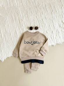 2pcs/Set Baby Boys Simple And Stylish Spring/Autumn Outfits With Letter Print And Contrast Color Short Sleeve Top And Pants - Brown - View 4