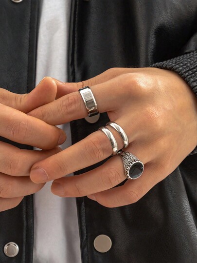 4 pezzi Set di anelli in acciaio inossidabile di stile geometrico alla moda, punk rock, hip hop, per uso casual quotidiano da uomo