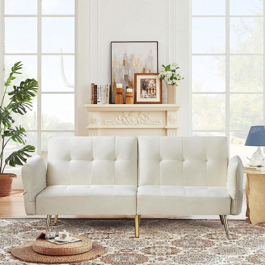 Convertible Futon Sofa Bed, Memory Foam Futon Couch Sleeper Sofa, Modern Loveseat Sofa With Adjustable Backrest And Armrest For Home Living Room Office - White - View 1