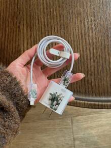 4pcs/Set Transparent Tpu Painted Tulip Pattern Protective Case For Charger & Data Cable Compatible With 20w Apple Quick Charger - Multicolor - View 1