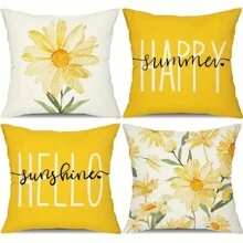 4pcs Spring And Summer Pillow Case, Yellow Letter Flower Pattern Pillow Case, Watercolor Daisies Simple Style Suitable For Home Decoration, Sofa Outdoor Office By Set Decoration 18*18inch