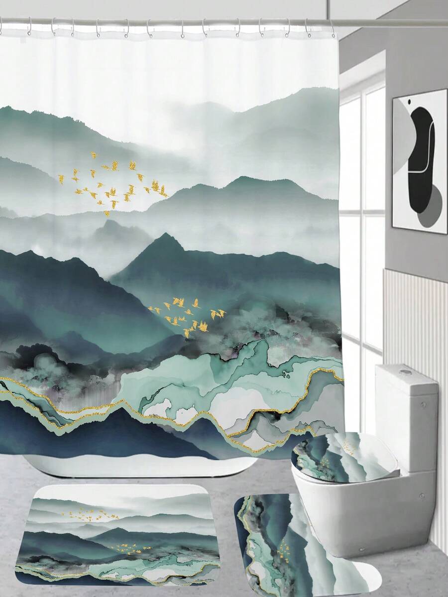 1pc Digital Printed Shower Curtain Or Floor Mat With Plants, Flowers & Butterflies Pattern - Color - View 1