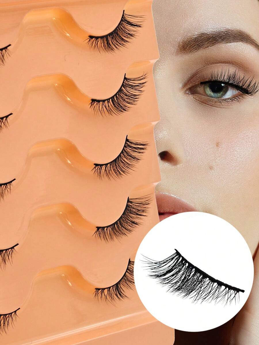 5對人造貂毛假睫毛,增加捲翹,自然柔軟,短鬈曲貓眼條片睫毛 - 眼尾拉長款 - 查看 1