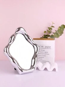 Luxurious French Style Checkered Design Minimalist Desktop/wall-mounted Makeup Mirror With Baroque Inspired Diamond Shape, Ins - Silver - View 2