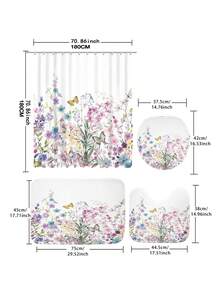 1入組植物、花朵和蝴蝶圖案數位印花淋浴窗簾或地墊 - 多重色 - 查看 3