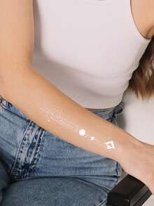 1pc White Geometric Abstract Line & Small Flower Pattern Temporary Tattoo Sticker For Arm, Chest, Abdomen, Back, Lasts 3-5 Days - White - View 4